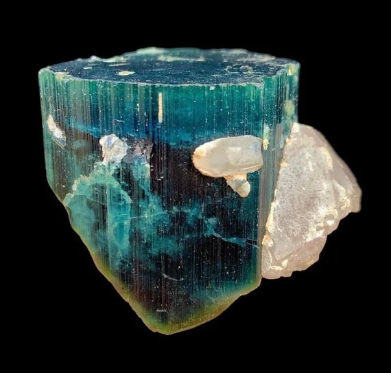 Large Indicolite Blue Tourmaline crystal displaying characteristic vertical striations and deep teal-blue colour with white Feldspar matrix against a black background