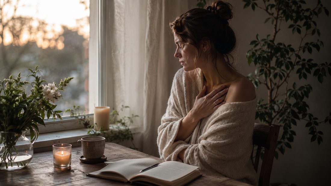 A woman wrapped in a blanket sits alone at a table with candles and an open journal, gazing quietly out a window