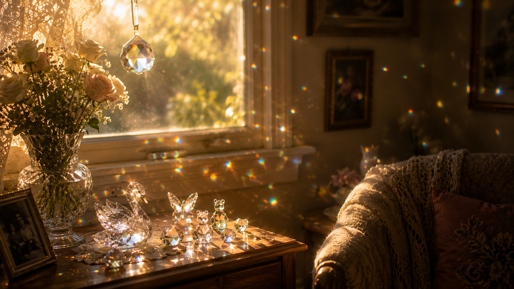 Sunlight scattering through crystals, casting rainbows across a room