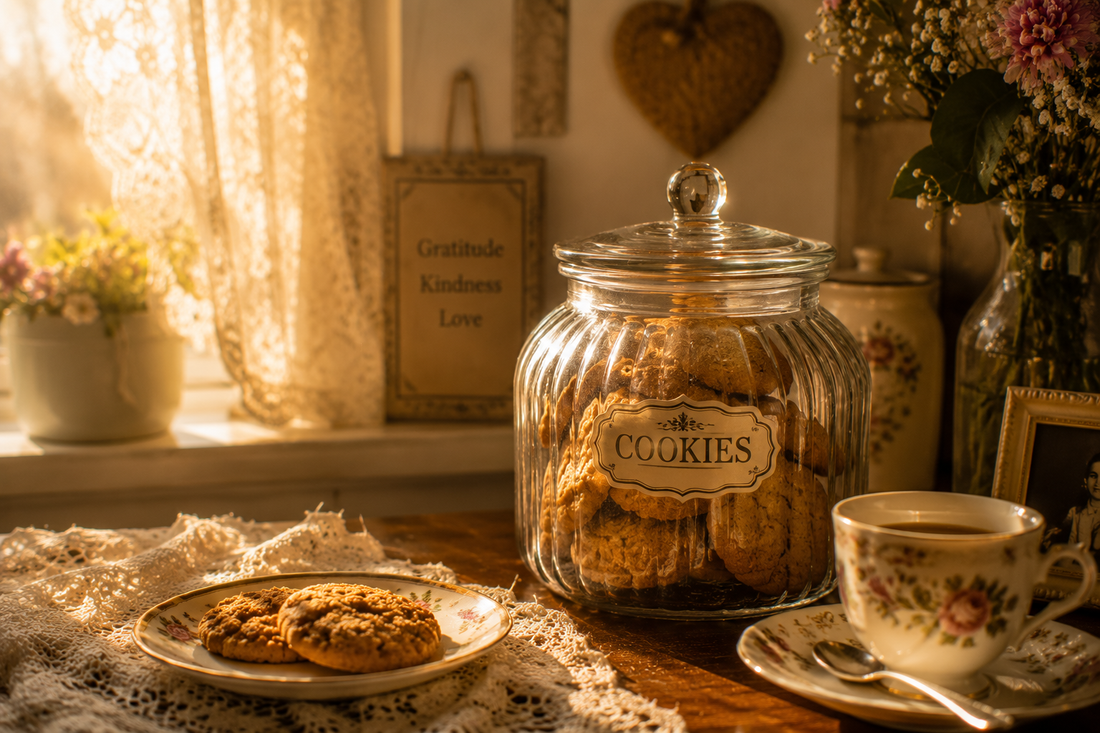 A vintage biscuit tin on a kitchen bench, warm light, nostalgic and inviting