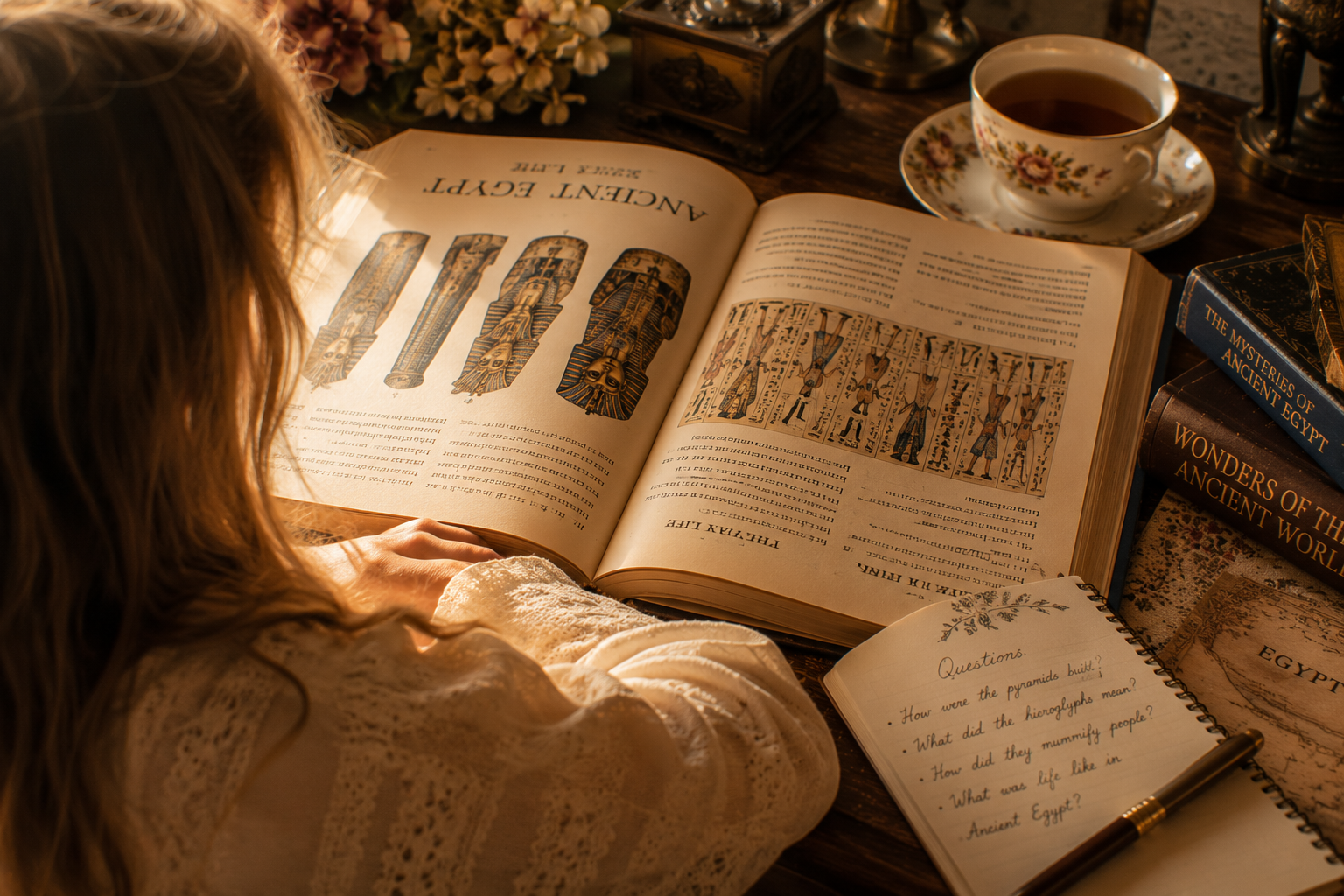 A child's hands holding an open illustrated book, warm and nostalgic
