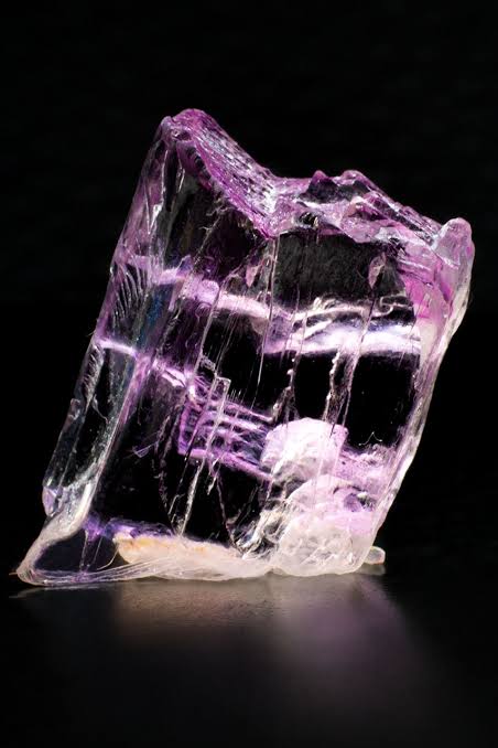 Transparent pink-violet Kunzite crystal specimen on a black background