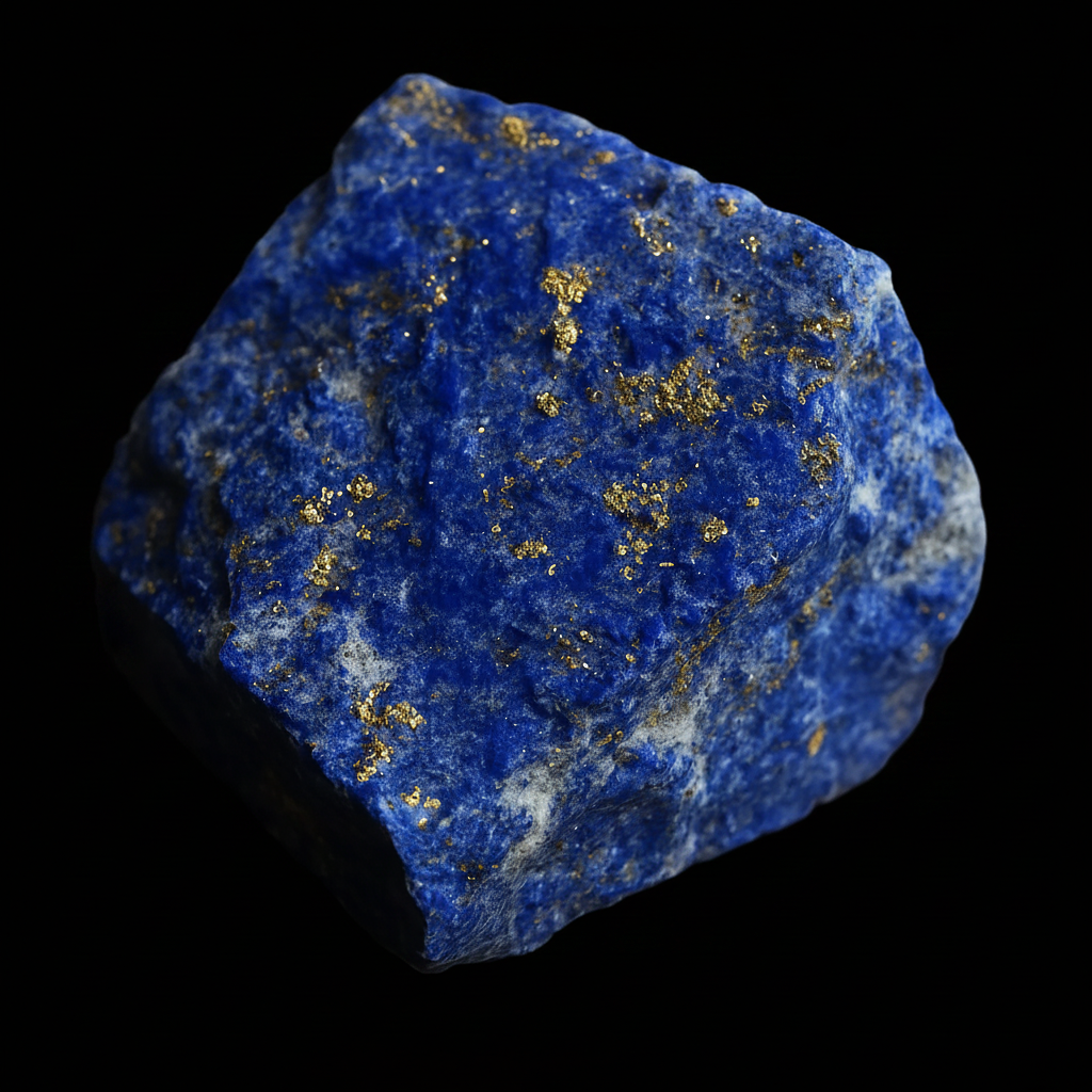 Raw Lapis Lazuli specimen displaying deep royal blue colour with scattered golden Pyrite flecks and white Calcite veining against a black background