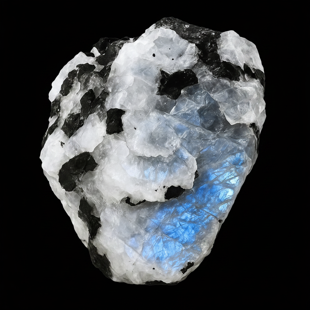 Raw Moonstone specimen displaying white translucent Feldspar with vivid blue adularescence flash and black matrix inclusions against a black background