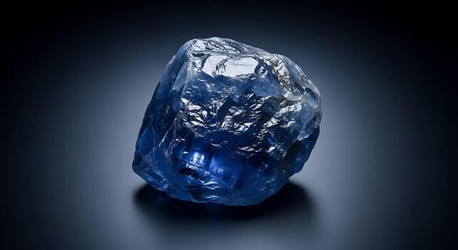 Large raw uncut Sapphire crystal displaying deep vivid blue colour with vitreous lustre and natural trigonal form against a dark gradient background
