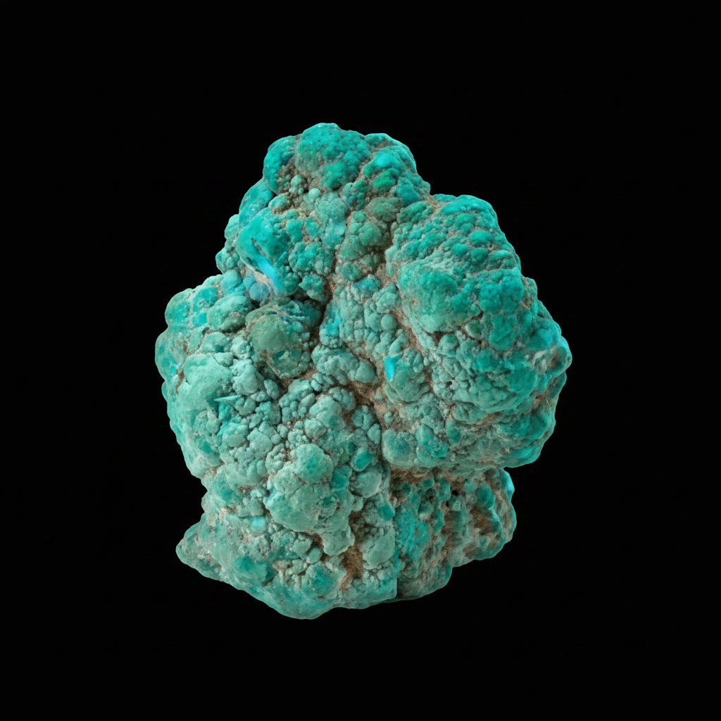 Raw Turquoise specimen displaying vivid blue-green botryoidal formations with natural brown matrix veining against a black background