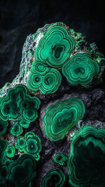 Vivid emerald green Malachite specimen displaying characteristic concentric banding and botryoidal formations on dark matrix against a black background
