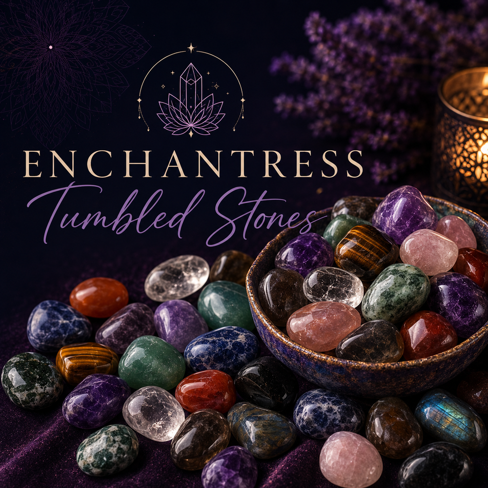 Enchantress Tumbled Stones collection - a bowl and scatter of colourful polished crystals and gemstones