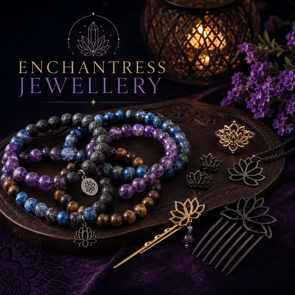 Enchantress Jewellery collection - gemstone bead bracelets, lotus charms and crystal accessories on a dark velvet surface
