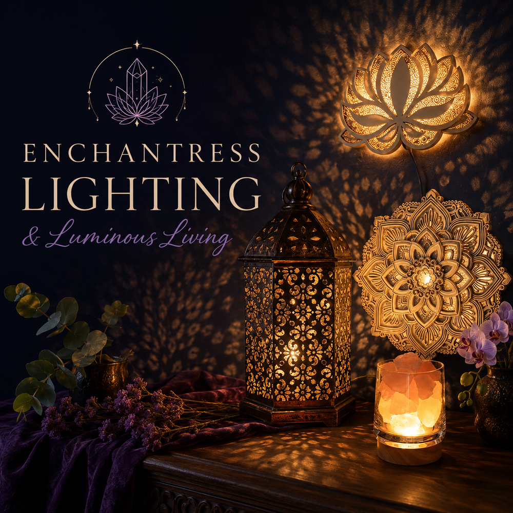 Enchantress Lighting & Luminous Living collection - Moroccan lantern, salt lamp and lotus wall light casting warm patterns