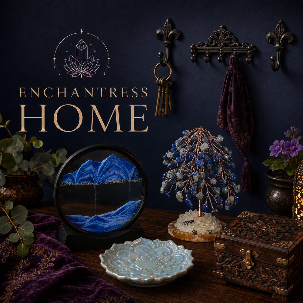 Enchantress Home collection - crystal wire tree, sand art frame, lotus dish and decorative boxes styled on a dark navy wall