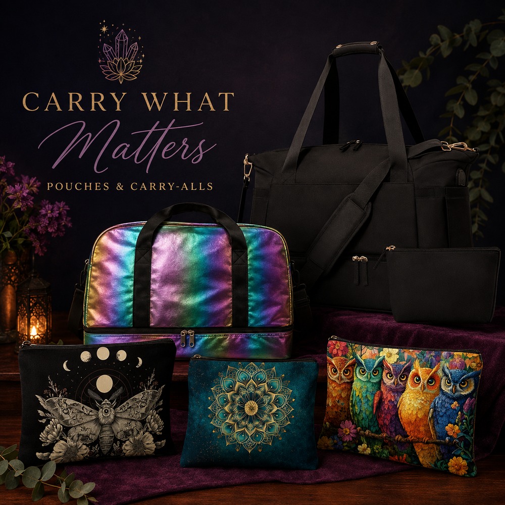 Carry What Matters collection - holographic duffle bag, printed crystal pouches and carry-alls styled on a dark moody background