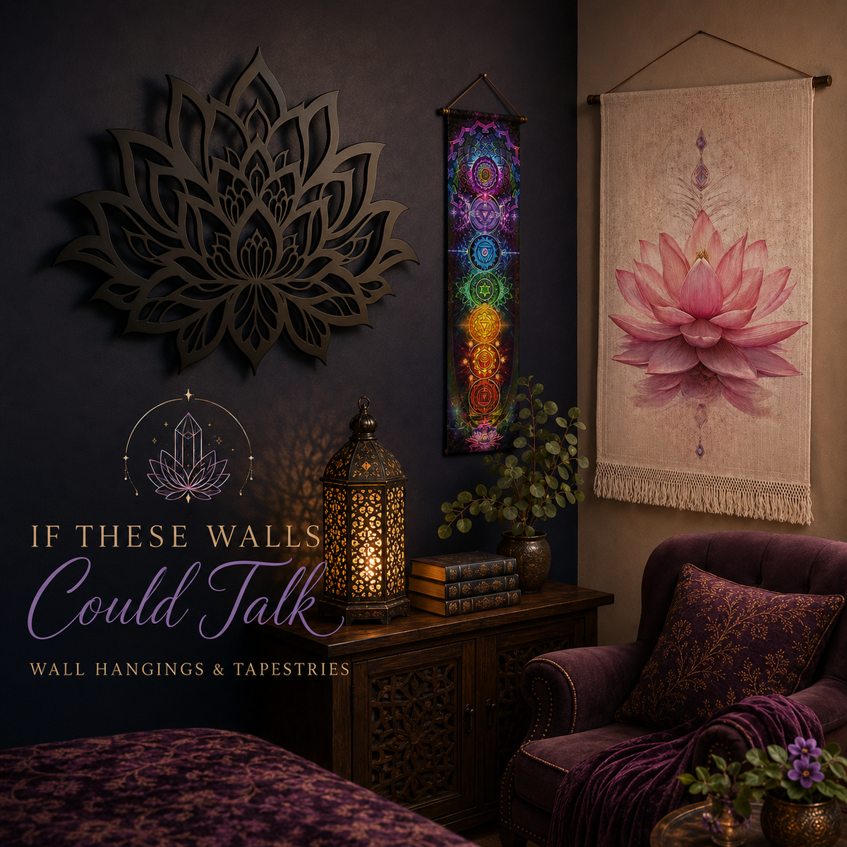 If These Walls Could Talk collection - chakra banner, lotus tapestry and mandala wall art styled in a moody sacred bedroom space