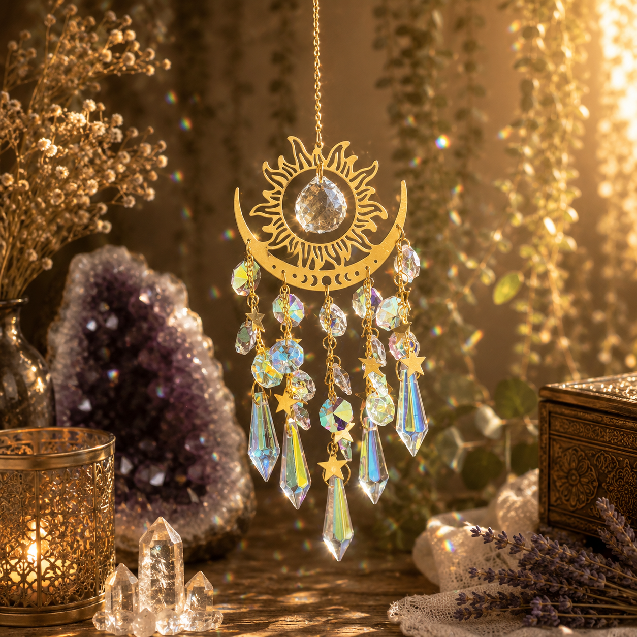 Celestial Sun & Moon Crystal Suncatcher