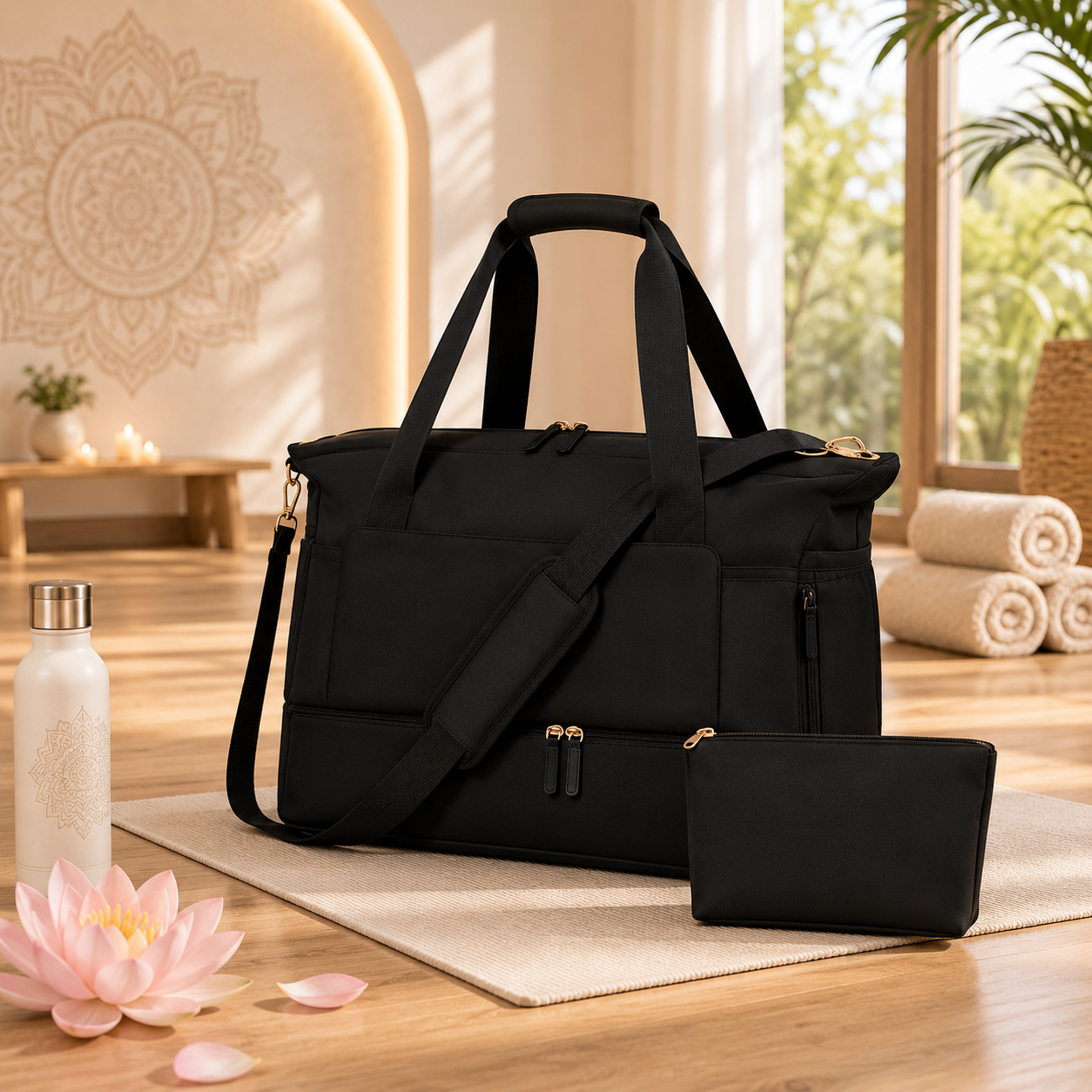 Black Luxe Travel &amp; Wellness Duffel Bag with USB Charging Port