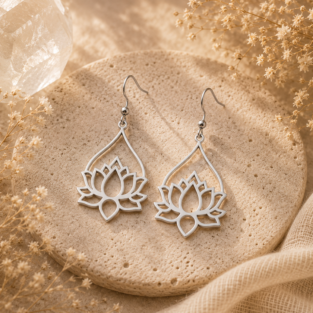 Moonlit Lotus Drop Earrings – Stainless Steel
