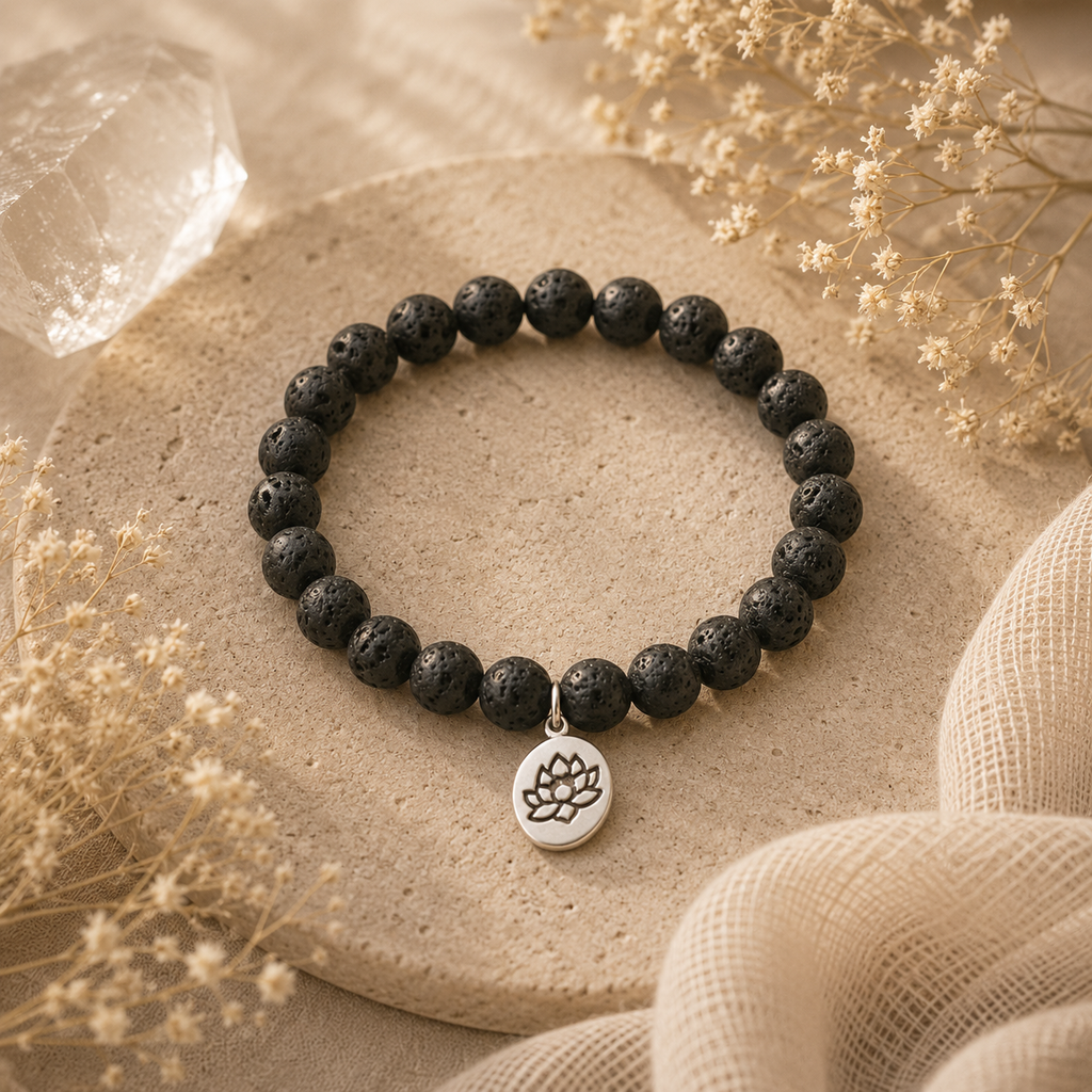 Lava Stone Bracelet with Silver Lotus Charm