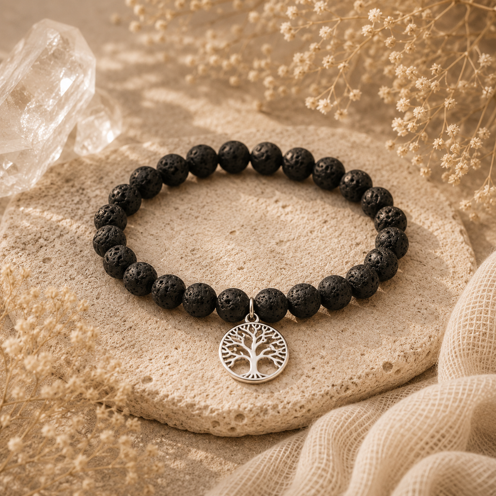 Lava Stone Bracelet with Silver Tree of Life Charm