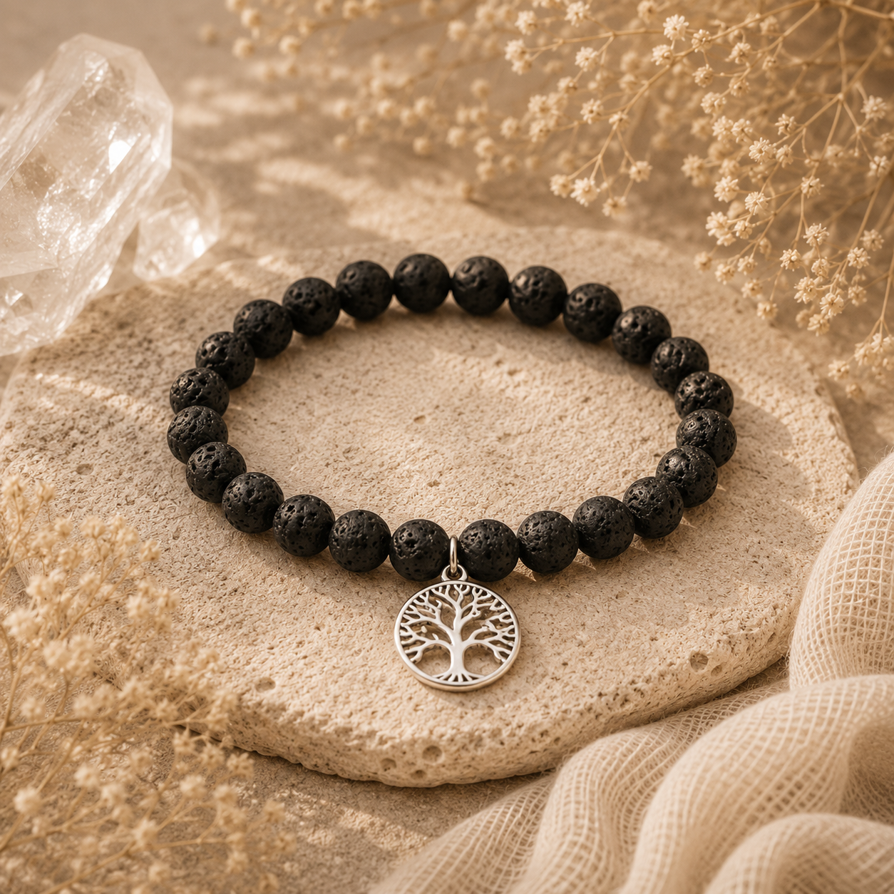 Lava Stone Bracelet with Silver Tree of Life Charm