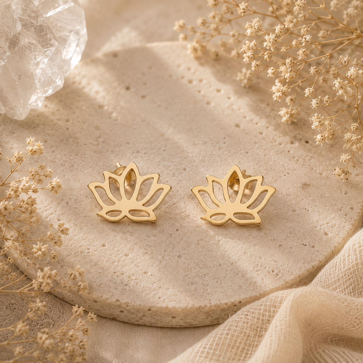 Open Lotus Stud Earrings – Gold Plated