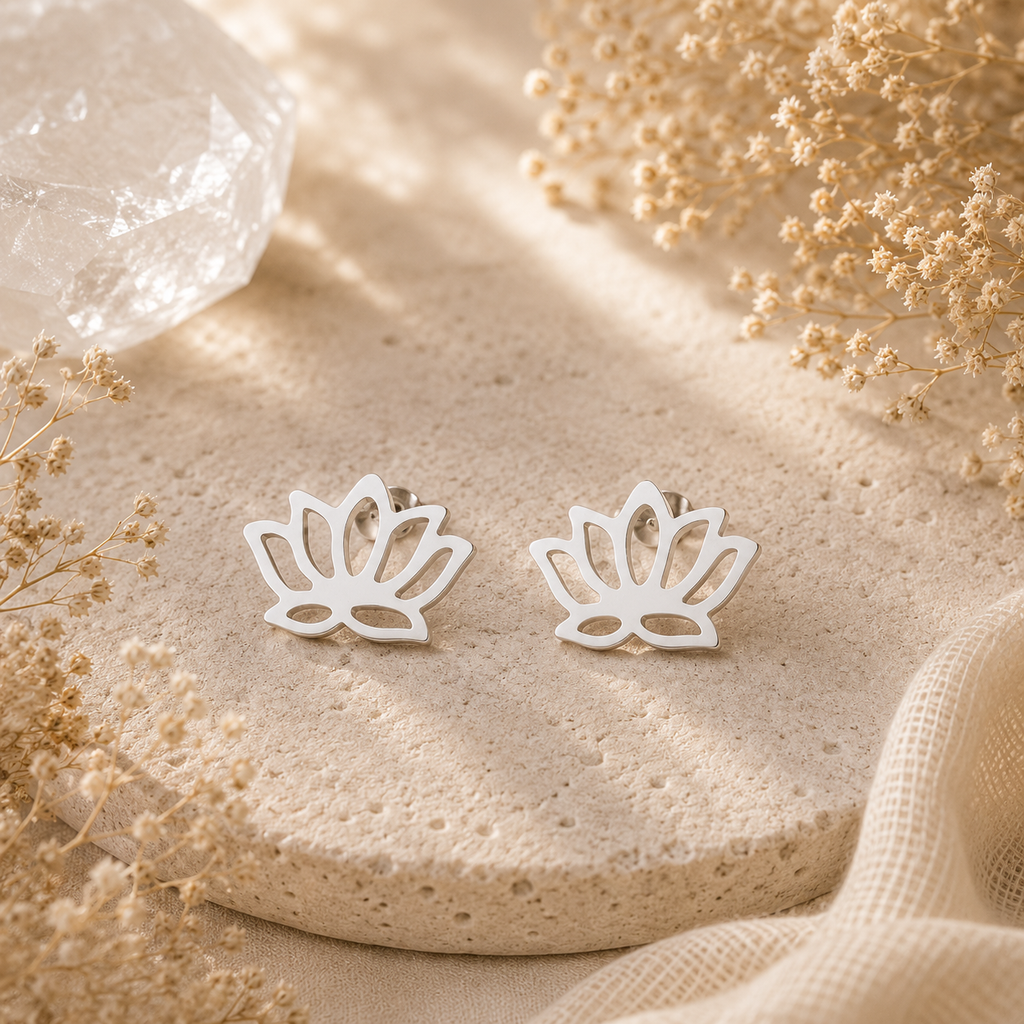 Open Lotus Stud Earrings – Polished Stainless Steel