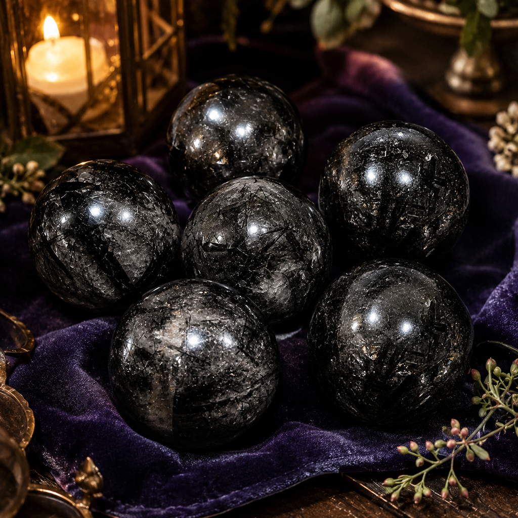 Black Rutile & Black Tourmaline in Clear Quartz Spheres