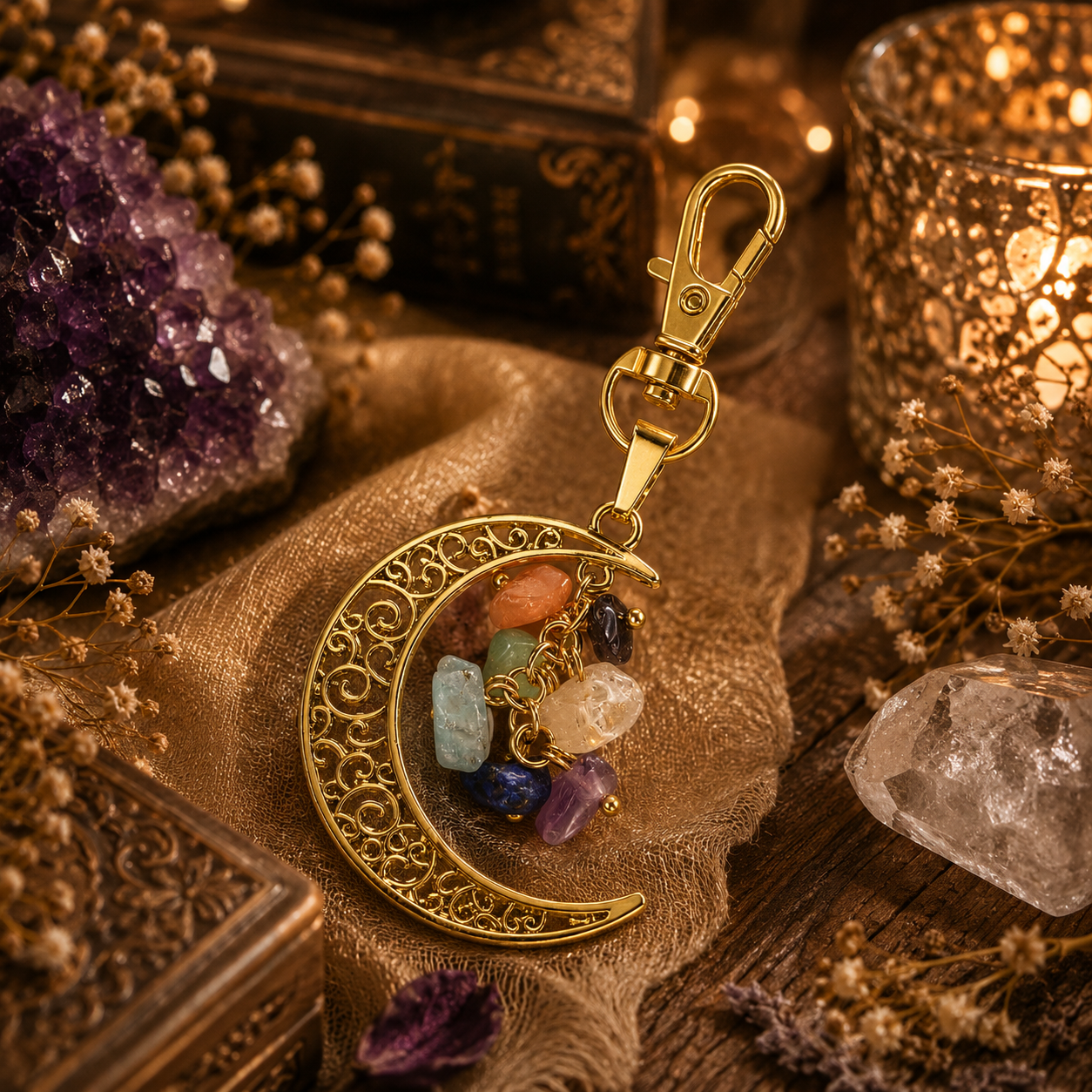 Celestial Harmony Gemstone Moon Keyring