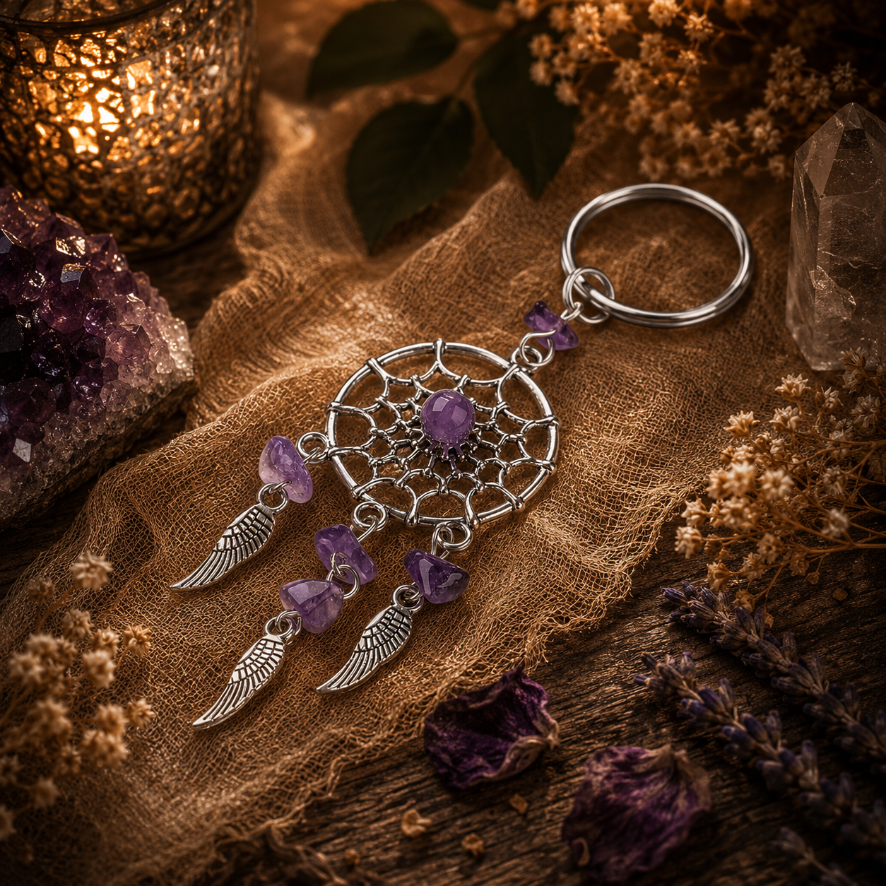 Silver Tone Crystal Dreamcatcher Keyring