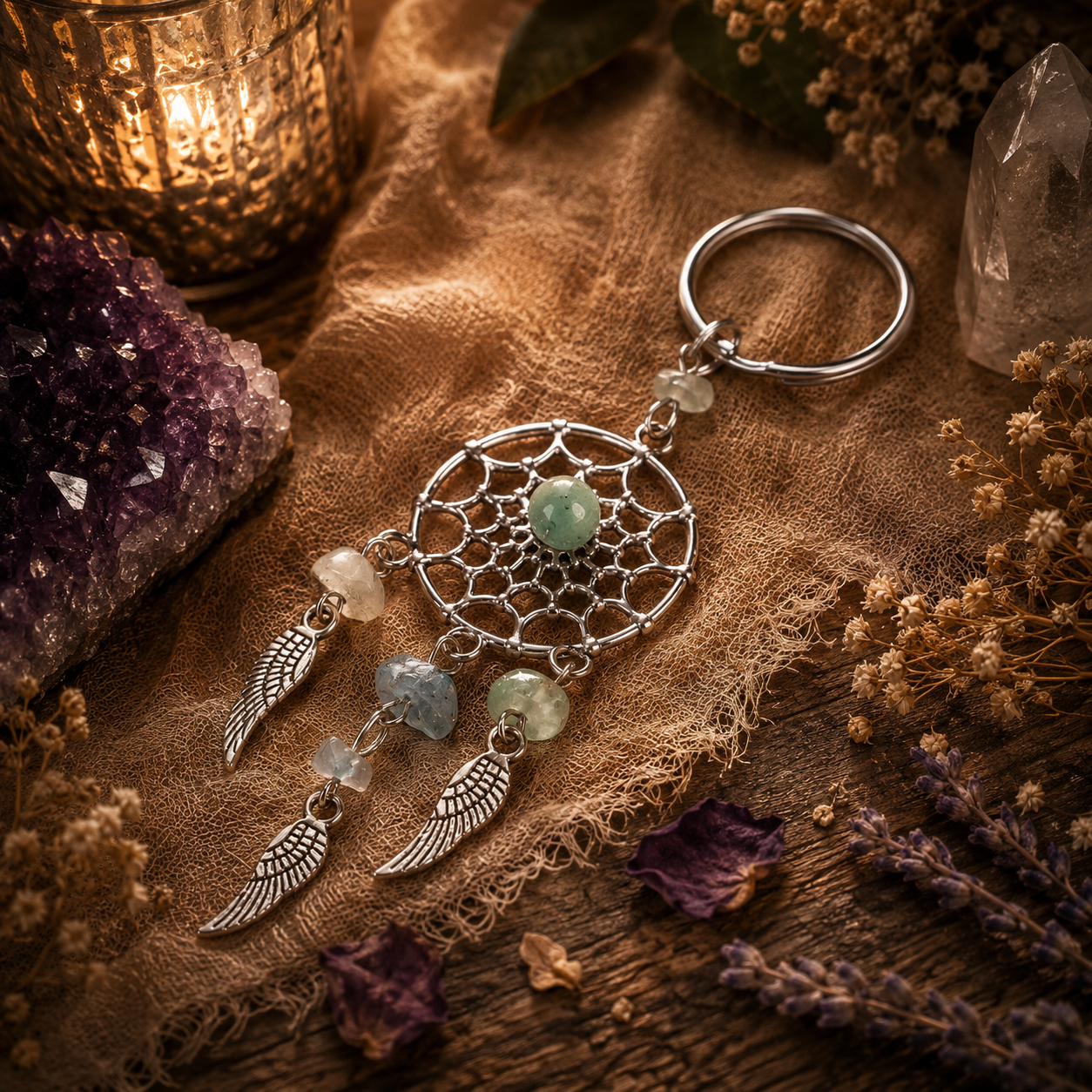 Silver Tone Crystal Dreamcatcher Keyring