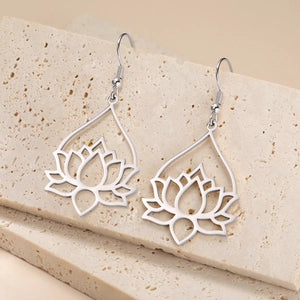 Moonlit Lotus Drop Earrings – Stainless Steel
