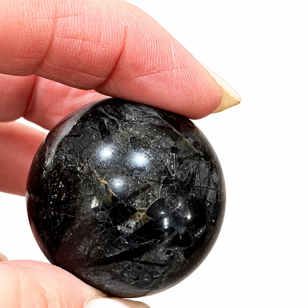 Black Rutile & Black Tourmaline in Clear Quartz Spheres