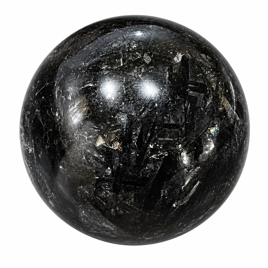 Black Rutile & Black Tourmaline in Clear Quartz Spheres