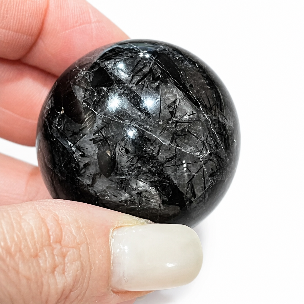 Black Rutile & Black Tourmaline in Clear Quartz Spheres