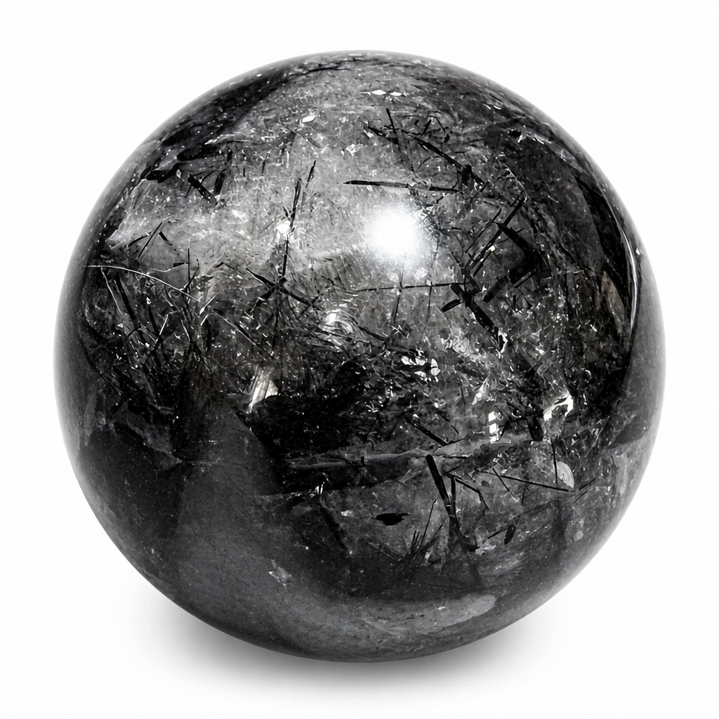 Black Rutile & Black Tourmaline in Clear Quartz Spheres