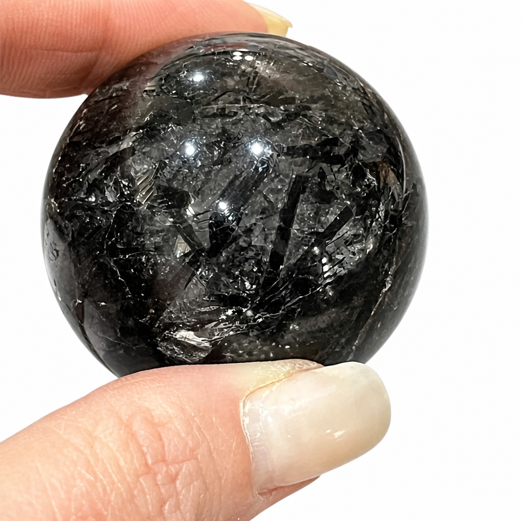 Black Rutile & Black Tourmaline in Clear Quartz Spheres