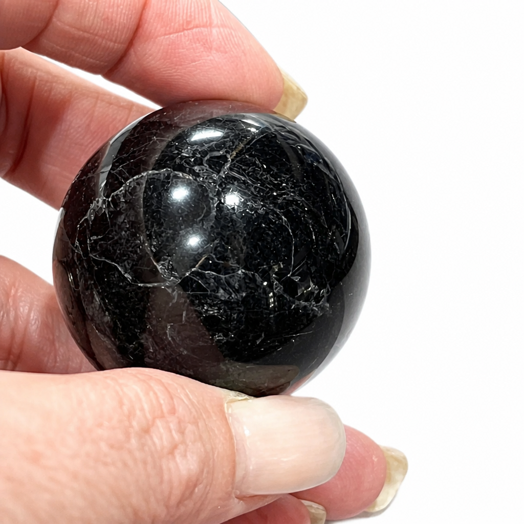 Black Rutile & Black Tourmaline in Clear Quartz Spheres
