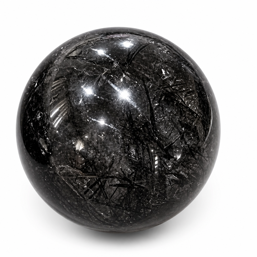 Black Rutile & Black Tourmaline in Clear Quartz Spheres