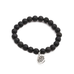 Lava Stone Bracelet with Silver Lotus Charm