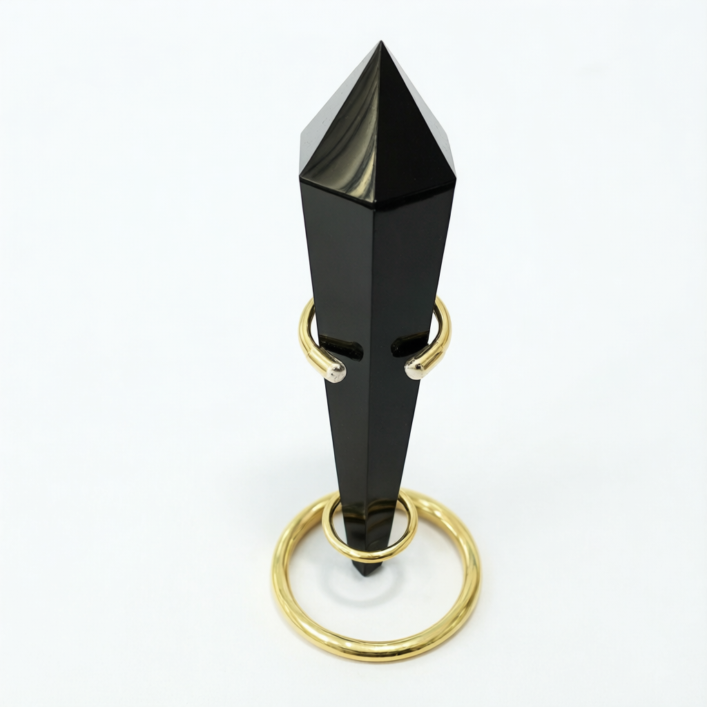 Black Obsidian Sceptre Points in Gold Metal Stands